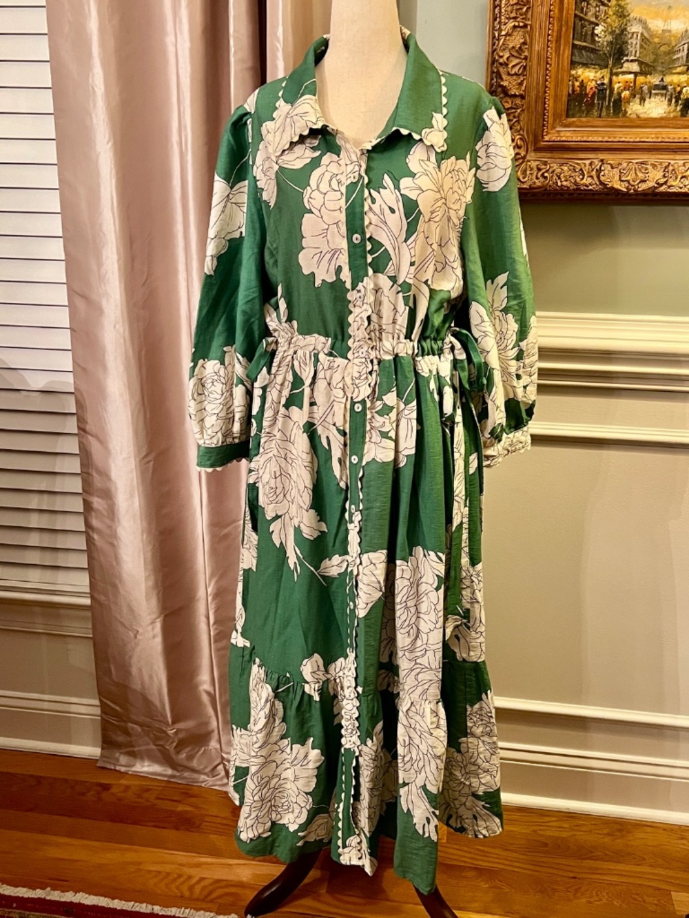 NWT Entro Green Ivory Floral Button Up Meadow Collared Midi Dress Size 1X 1XL - Picture 3 of 5